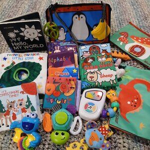 Lot of baby books and toys